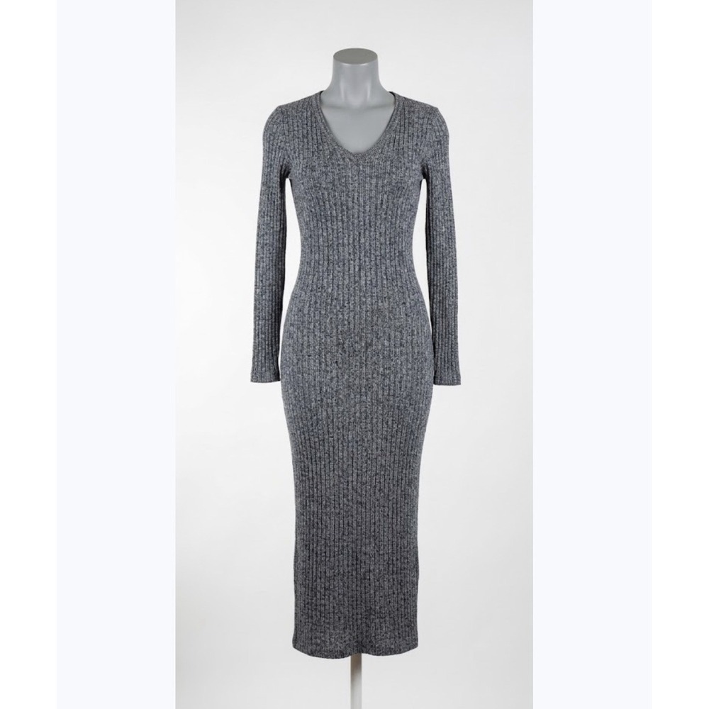 ASOS Sweater Dress Womens US 8 Gray Ribbed Knit Long Sleeve Bodycon Maxi V Neck